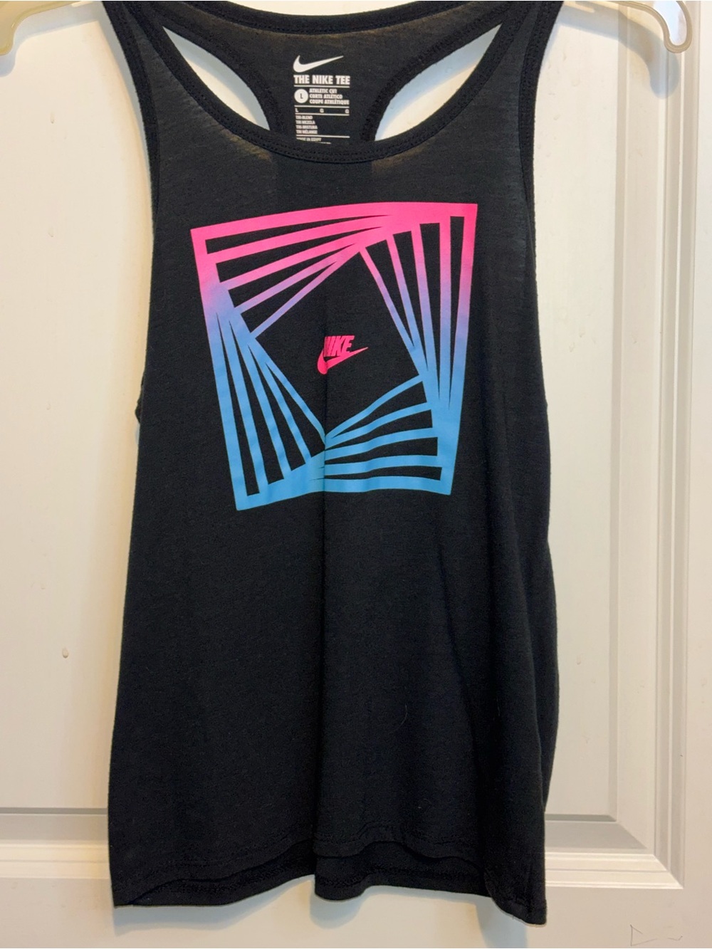 Nike Girl’s Black Racerback Tank with Pink and Blue Gradient Graphic